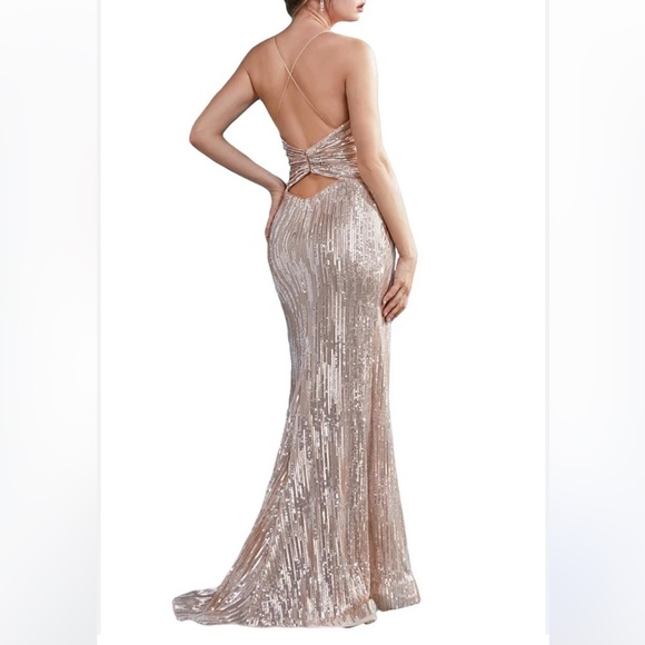 Andrea and Leo Couture Champagne Gold Open Back Sequins Maxi Gown Dress Size 6 - Picture 2 of 11